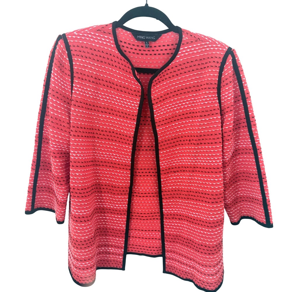Ming Wang Orange Black Textured Knit Open Front Jacket 3/4 Sleeve Large